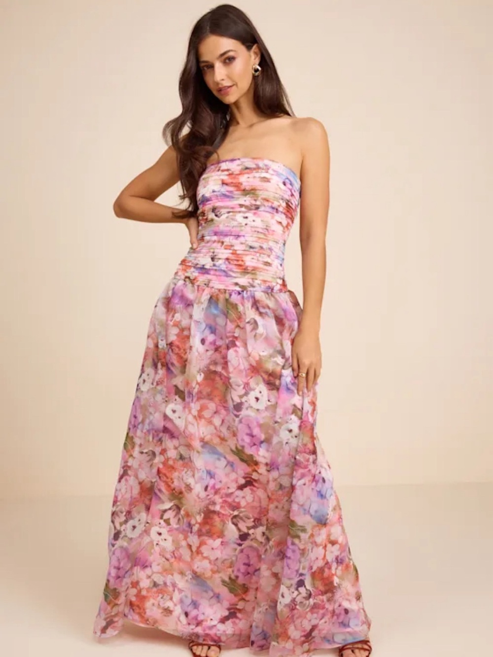 Lulus Kasandra Pink Multi Floral Organza Drop Waist Maxi Dress Size XL NEW NWT